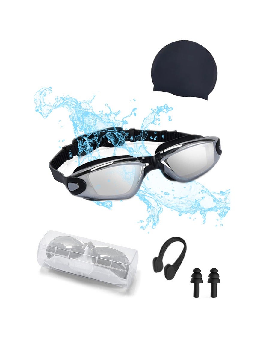 Swimming goggles, swimming goggles set, with swimming cap, earplugs, nose clip, leak-proof swimming goggles, waterproof swimming goggles, effectively blocking ultraviolet rays, suitable for men and women